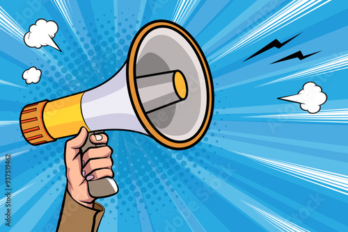 Hand holds megaphone bullhorn in retro pop art comic style Advertising banner with megaphone. Announcement of news, sales, special offer, sale, Loudspeaker announces