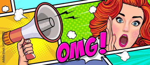 Hand holds megaphone bullhorn in retro pop art comic style Advertising banner with megaphone. Announcement of news, sales, special offer, sale, Loudspeaker announces