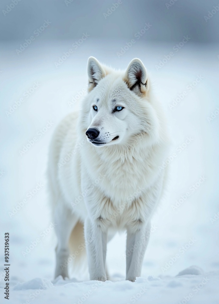 Obraz premium A Tundra Wolf, camouflaged in snowy tundra, blends into the icy landscape, highlighting its graceful stance.