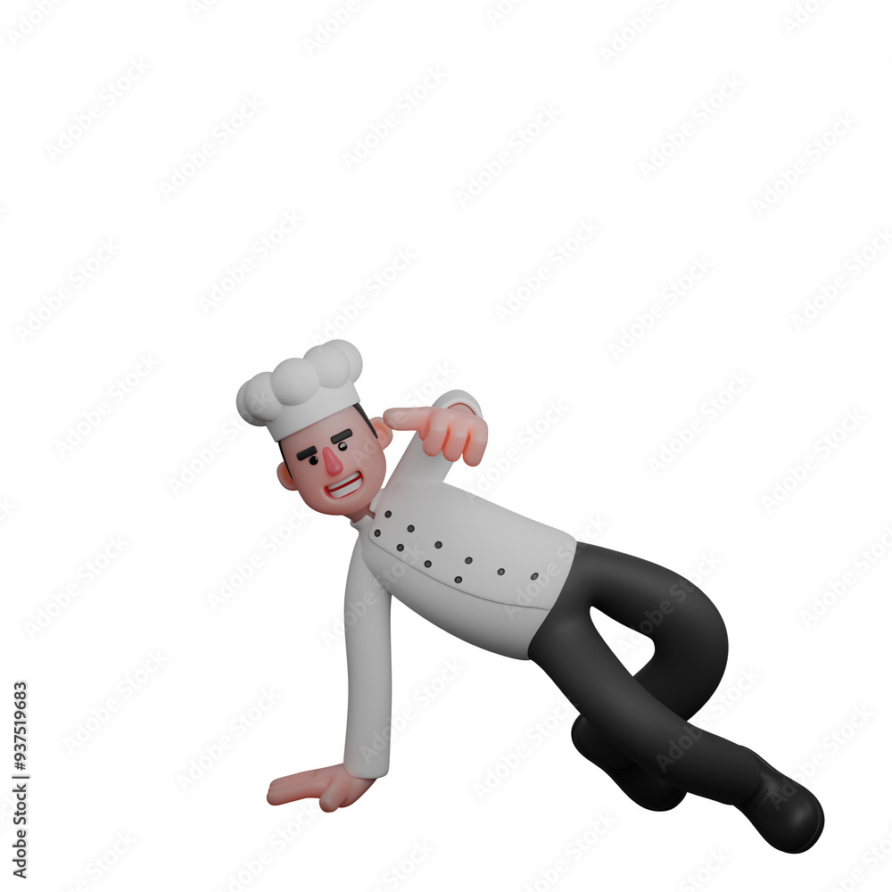 3D Professional in Culinary. A chef poses in a nearly reclining position, with one hand supporting his body on the floor while the other hand points forward. Male Chef 3D Professional in Culinary. A chef poses in a nearly reclining position, with one hand supporting his body on the floor while the other hand points forward. Male Chef