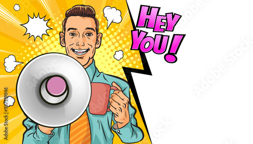 Business man with loudspeaker megaphone announcing discount or sale Special offer shopping time