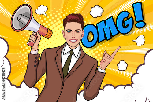 Business man with loudspeaker megaphone announcing discount or sale Special offer shopping time