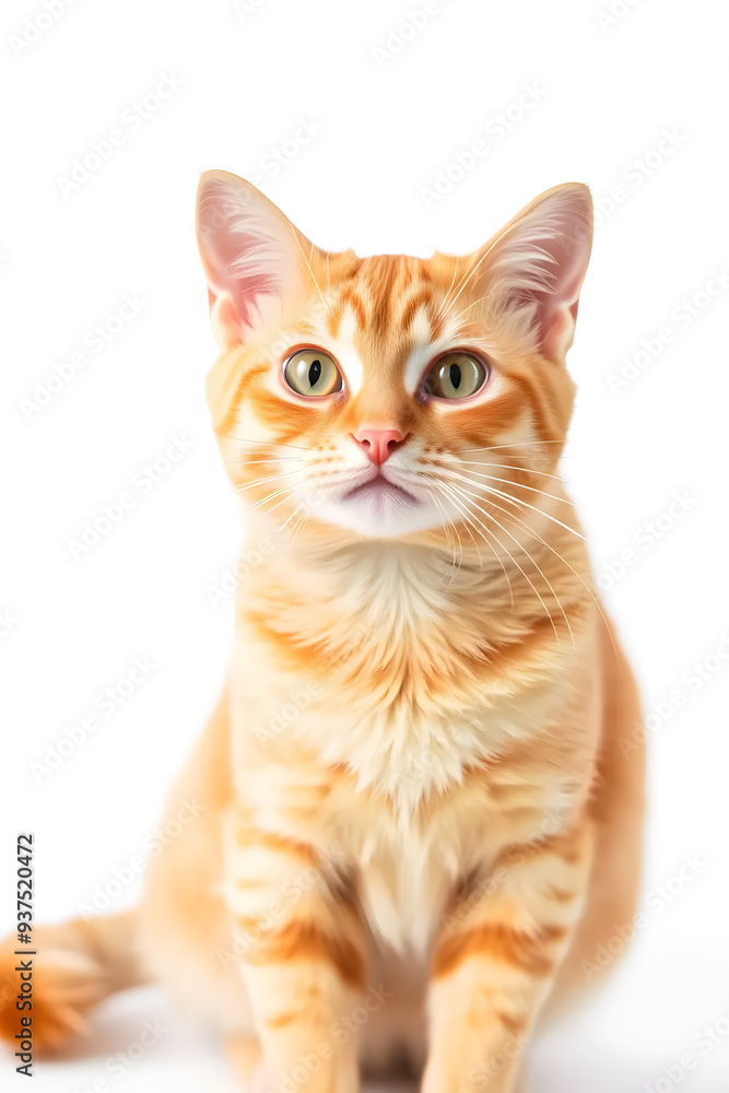 Obraz premium A cute orange tabby kitten with large green eyes, sitting against a white background. The kitten has a fluffy coat with distinctive stripes and a curious expression.