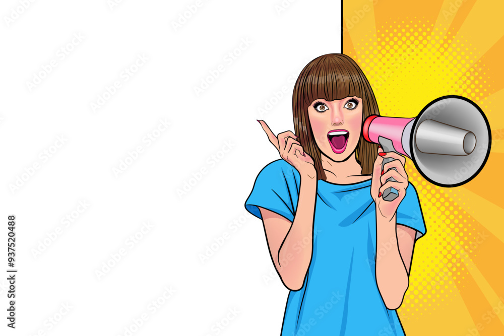 Business woman with loudspeaker megaphone announcing discount or sale Special offer shopping time Business woman with loudspeaker megaphone announcing discount or sale Special offer shopping time