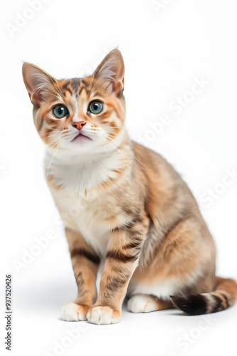 A close-up portrait of a curious tabby cat with large green eyes and a fluffy coat. The cat is sitting upright against a white background, showcasing its distinct stripes and white chest.