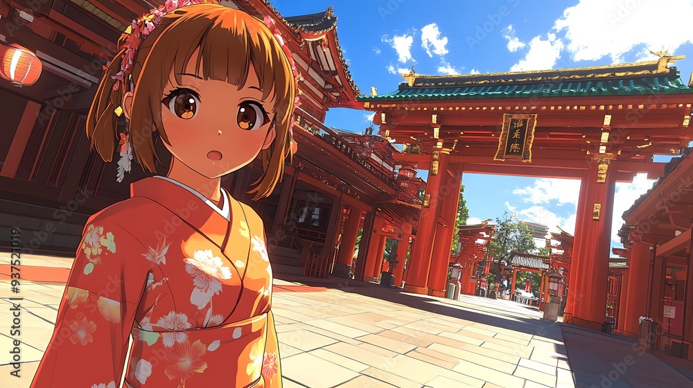 Fototapeta premium Anime Girl in Kimono Walking Through Traditional Japanese Gate.