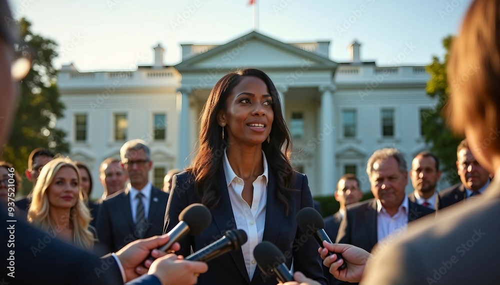 Fototapeta premium An African American female senator speaks confidently to the press in front of the White House, bathed in warm afternoon sunlight. 