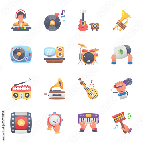 Collection Flat Style Musical Tools Icons 


