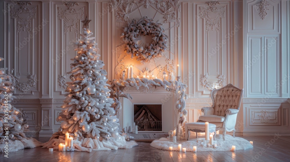A beautifully adorned white Christmas tree with delicate ornaments stands gracefully beside a cozy fireplace, illuminating a tranquil space filled with glowing candles A beautifully adorned white Christmas tree with delicate ornaments stands gracefully beside a cozy fireplace, illuminating a tranquil space filled with glowing candles
