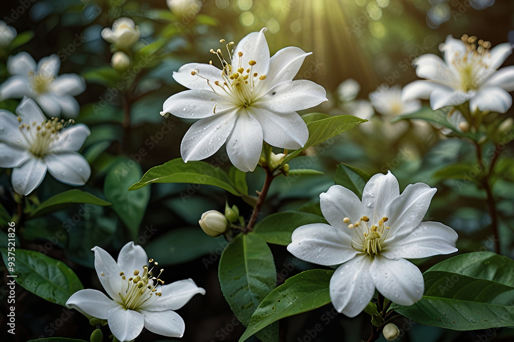 Obraz premium Spring Landscape with Delicate White Jasmine Flowers Evoking Purity, Freshness, and Natural Beauty