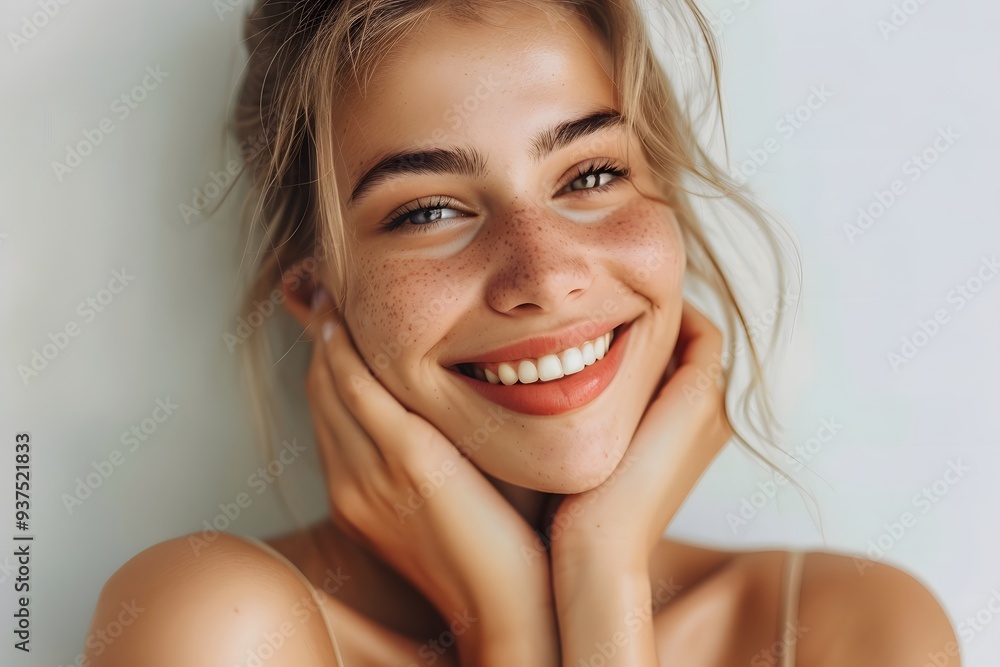 Candid Closeup Portrait of a Young Woman with Freckles Smiling Effortlessly Candid Closeup Portrait of a Young Woman with Freckles Smiling Effortlessly