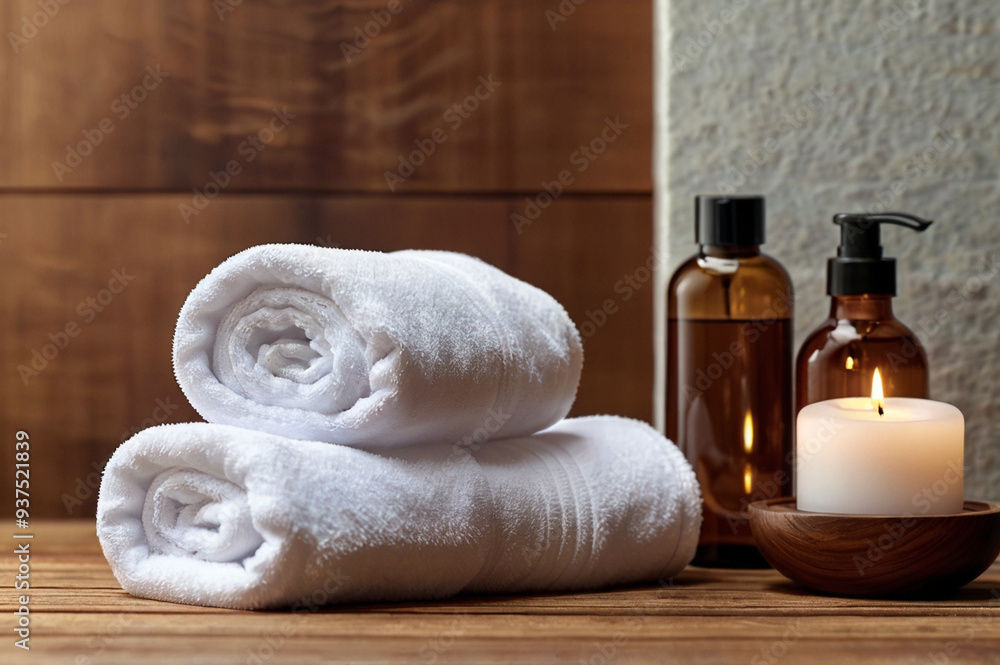 Tranquil Spa and Wellness Setting with White Towel on Wooden Table Tranquil Spa and Wellness Setting with White Towel on Wooden Table