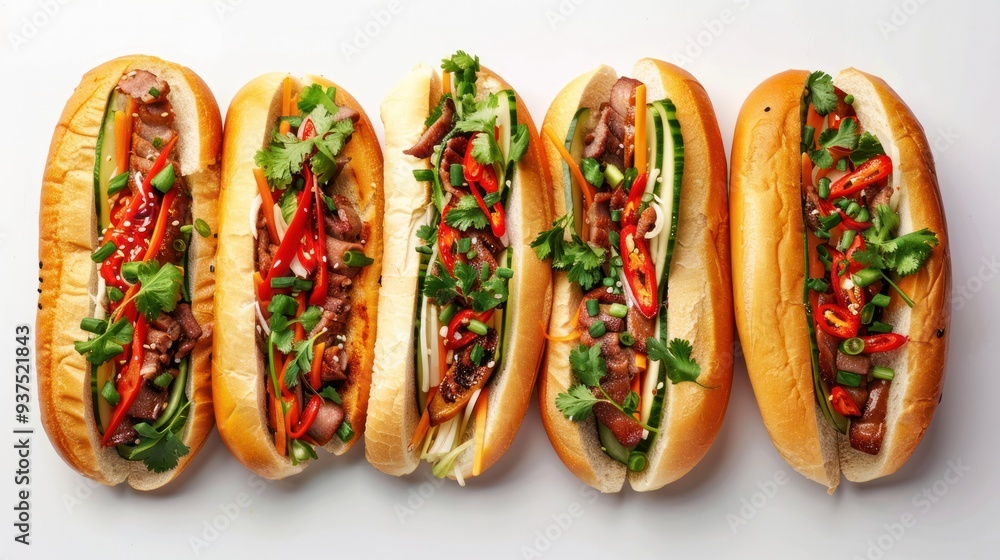 A delectable assortment of Vietnamese banh mi sandwiches, filled with savory pork, pickled vegetables, cilantro, and a spicy chili sauce A delectable assortment of Vietnamese banh mi sandwiches, filled with savory pork, pickled vegetables, cilantro, and a spicy chili sauce