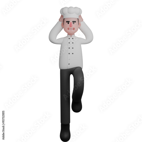 Professional Male Chef. A chef stands with one leg raised and both hands holding his head, looking worried or confused. 3D Culinary Illustration