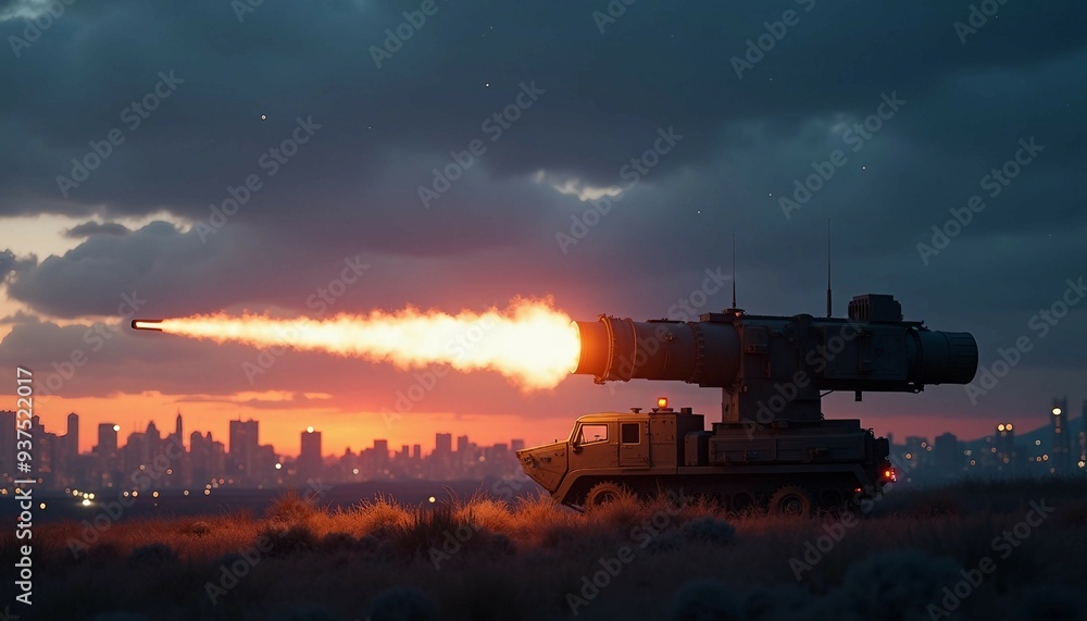 Fototapeta premium A missile defense system operates under a twilight sky, with a city skyline and early stars in the background.