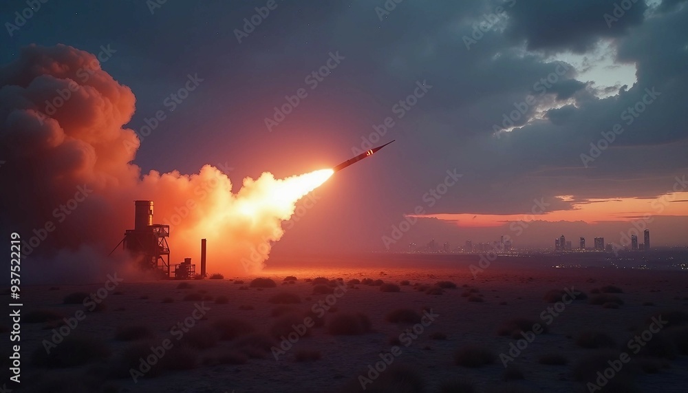 Fototapeta premium A missile defense system operates under a twilight sky, with a city skyline and early stars in the background.