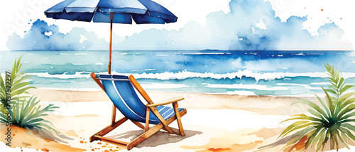Beach chair with umbrella in summer beach landscape watercolor1