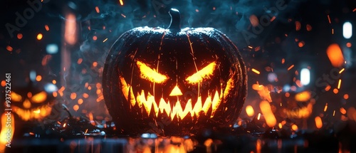 Spooky Halloween Pumpkin with Glowing Eyes and Sparks