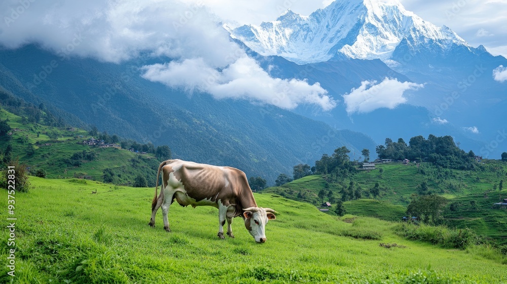 Nepali cow grazing peacefully in a green valley with the Himalayas in the background, representing prosperity and reverence. Nepali cow grazing peacefully in a green valley with the Himalayas in the background, representing prosperity and reverence.