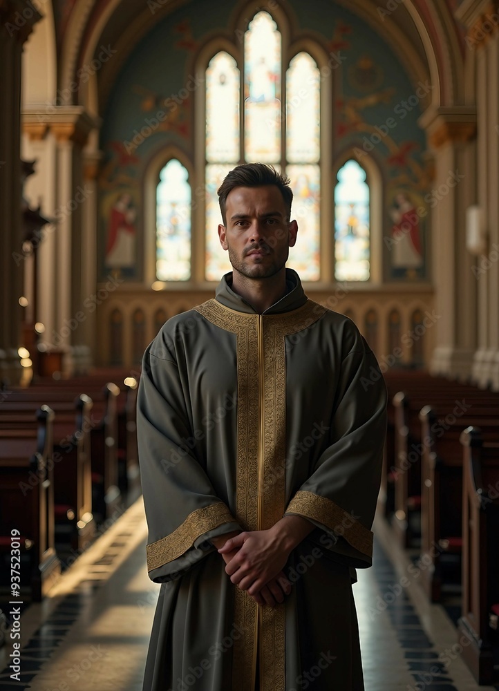 Naklejka premium A priest in traditional attire stands in a historic church, softly lit, with blurred architectural details.
