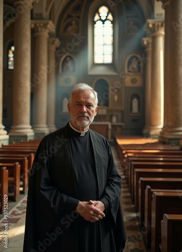 A priest in traditional attire stands in a historic church, softly lit, with blurred architectural details. 