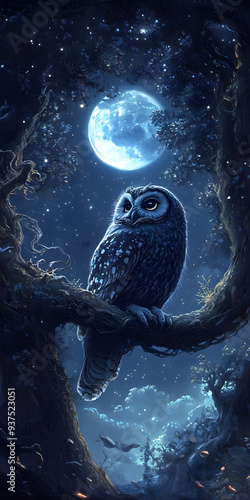 Wise owl resting on a moonlit branch photo