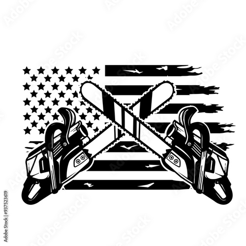 US Chainsaw | Crosses Chainsaw | Lumber Jack | Chainsaw Blade | US Double Chainsaw | Patriotic Chainsaw | Equipment for Cutting | Wood Cutting | Original Illustration | Vector and Clipart | Cutfile an