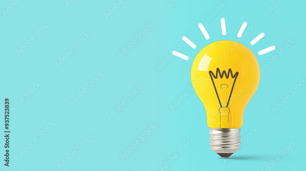 Yellow Lightbulb with White Rays on Blue Background Yellow Lightbulb with White Rays on Blue Background