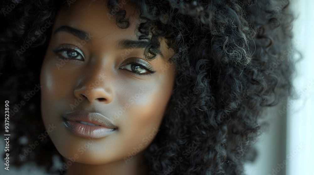 Close-Up of Womans Glowing Skin with Curly Hair in Natural Light Close-Up of Womans Glowing Skin with Curly Hair in Natural Light