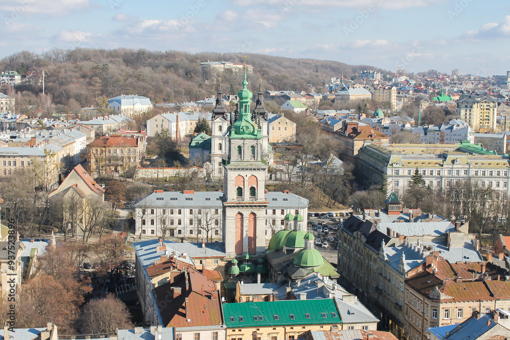 Naklejka premium Panoramic high angle view on Lviv city center in Ukraine