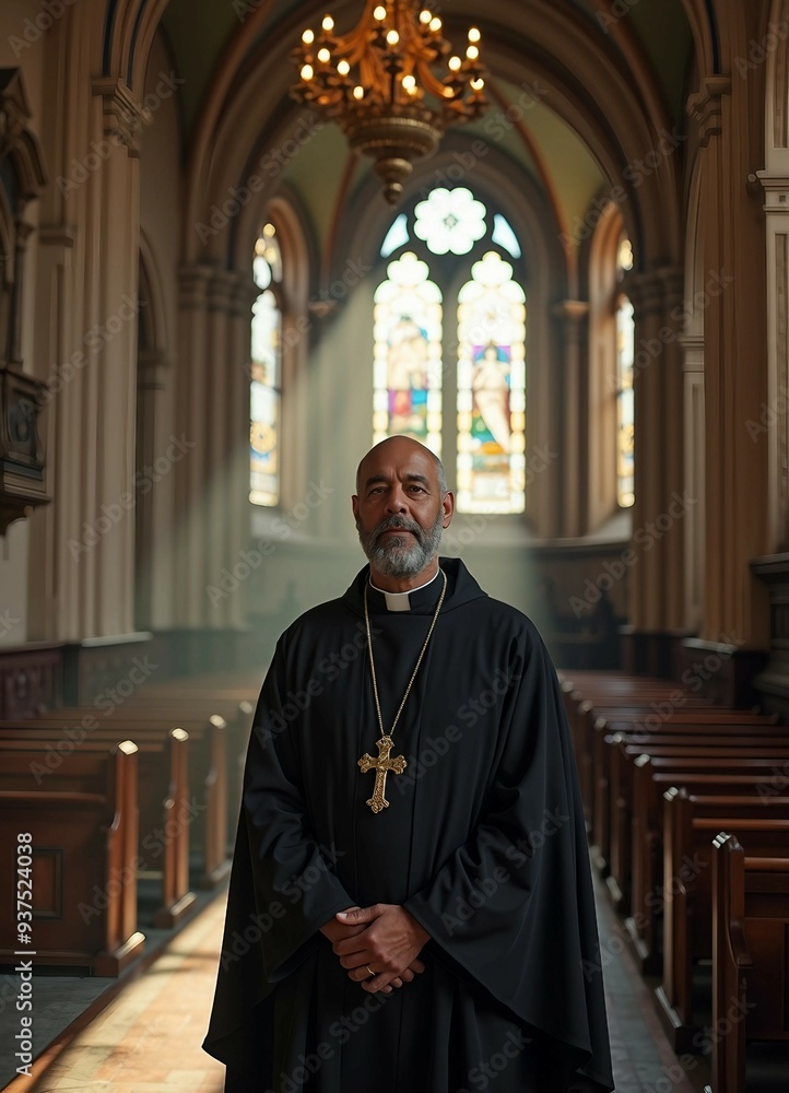 A priest in traditional attire stands in a historic church, softly lit, with blurred architectural details. A priest in traditional attire stands in a historic church, softly lit, with blurred architectural details.