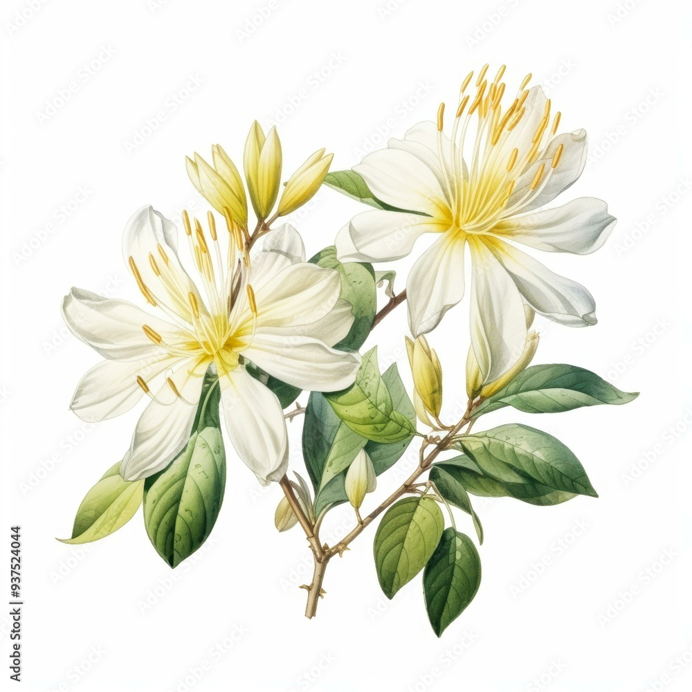 Obraz premium A detailed illustration of white and yellow flowers with green leaves, perfect for botany studies, nature-themed blogs, greeting cards, and decorative prints,