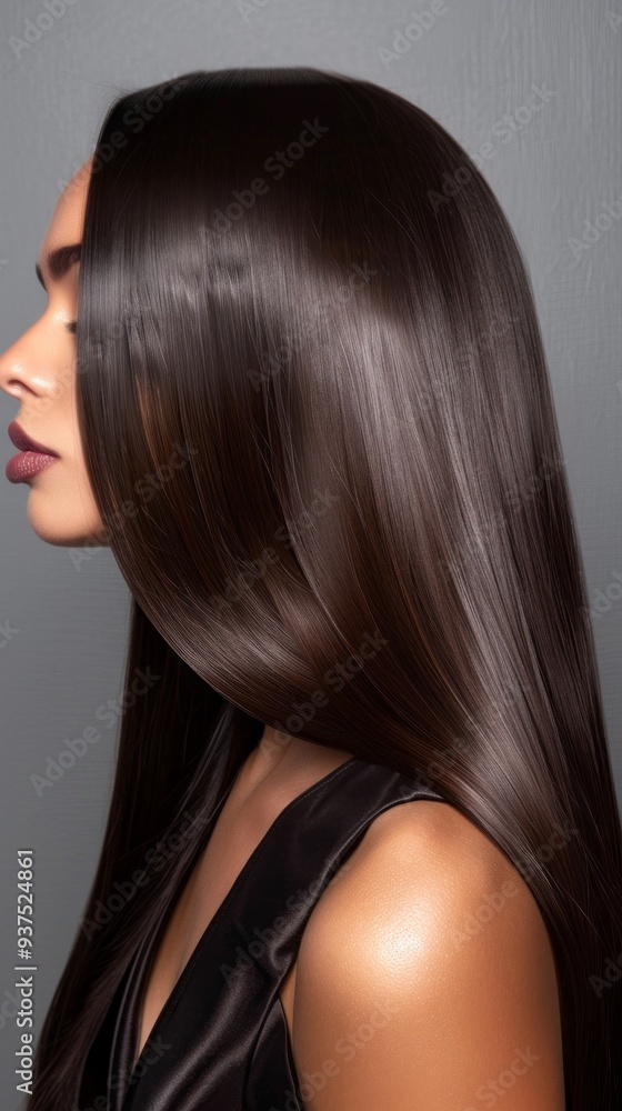 In a tranquil indoor setting, a woman with long, silky dark brown hair effortlessly showcases her natural beauty. Soft, muted tones enhance her graceful profile, inviting a sense of calm In a tranquil indoor setting, a woman with long, silky dark brown hair effortlessly showcases her natural beauty. Soft, muted tones enhance her graceful profile, inviting a sense of calm