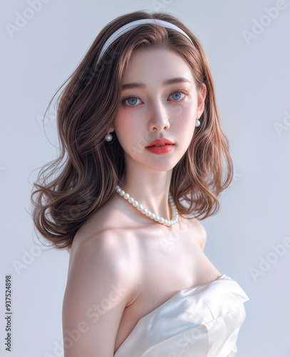 High Quality Detailed, Woman Beauty skin texture, dark hair and white hair band, natural light glowing skin, AI generative