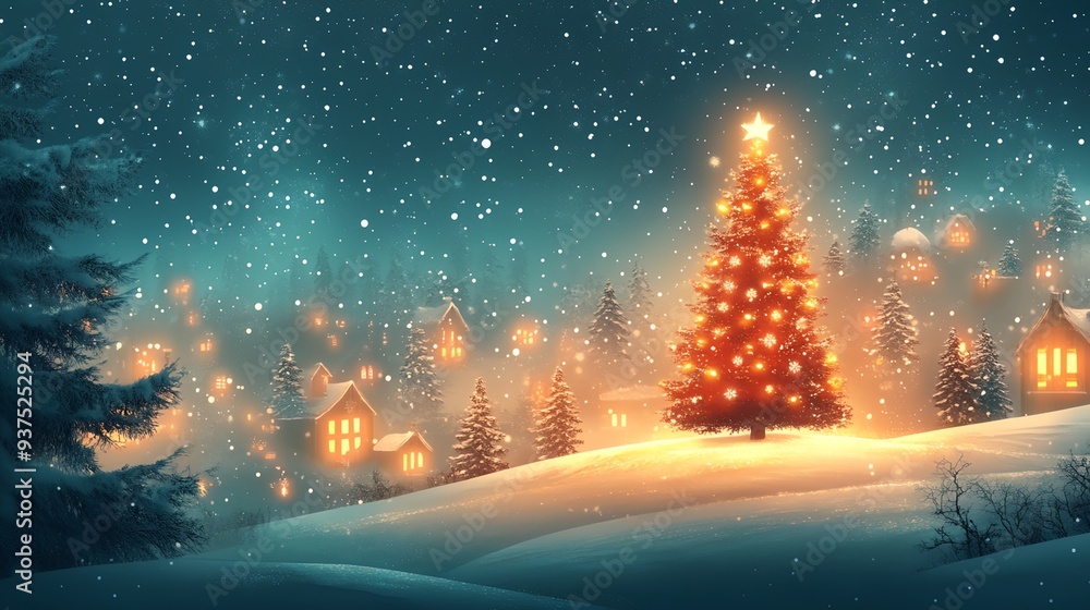 a Christmas tree is lit up in the snow a Christmas tree is lit up in the snow