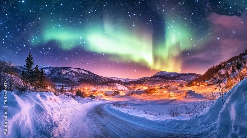 Fototapeta premium The beautiful northern lights over the icy road illuminate the snowy village. A magical polar night.