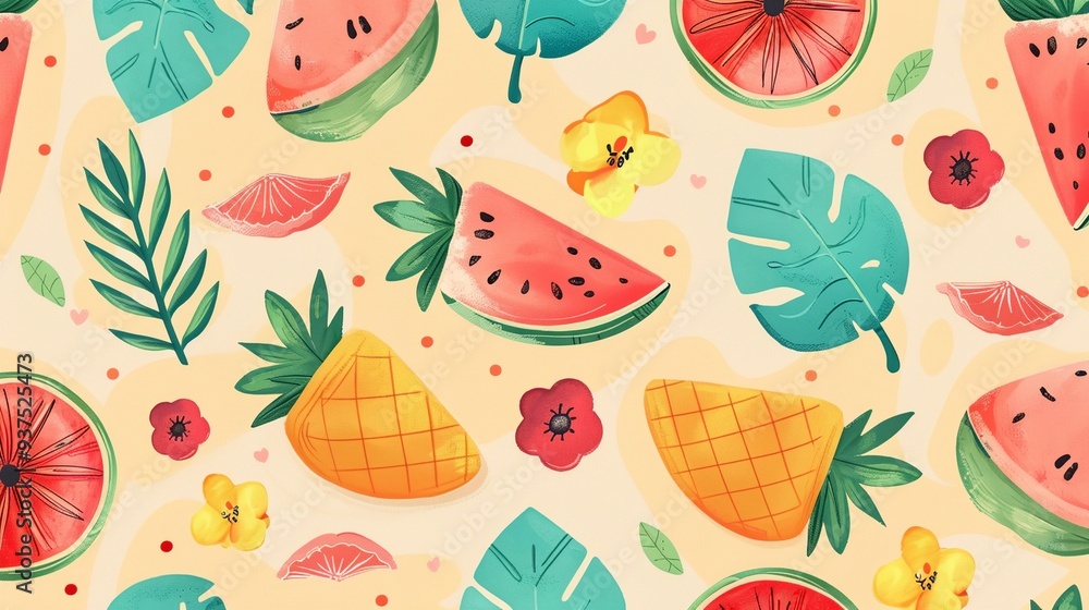 a watermelon, pineapple and banana pattern on a yellow background a watermelon, pineapple and banana pattern on a yellow background