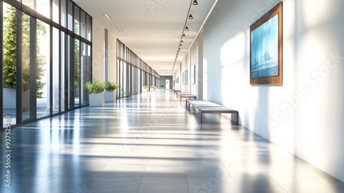 Wallpaper Mural A long, bright hallway with large windows, a bench, and a painting on the wall. Sunlight streams in through the windows. Torontodigital.ca