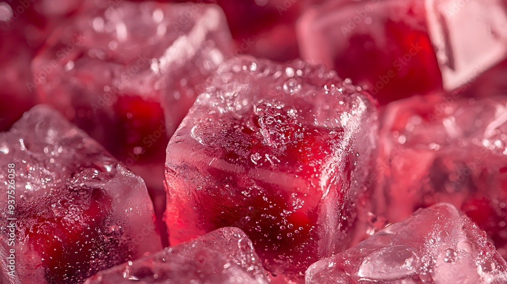 Close-up of pink ice cubes with water droplets on their surfaces. Close-up of pink ice cubes with water droplets on their surfaces.