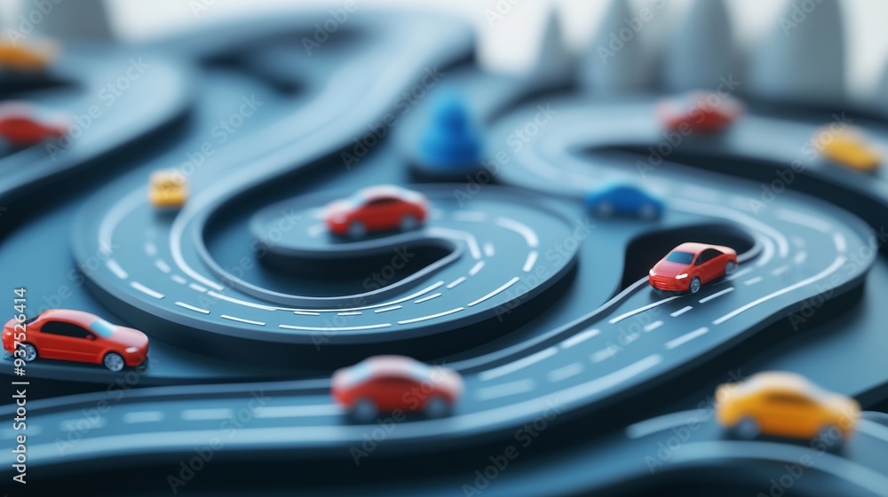 Abstract 3D illustration of a winding road with miniature cars driving on it. The concept of the journey and the destination. Abstract 3D illustration of a winding road with miniature cars driving on it. The concept of the journey and the destination.