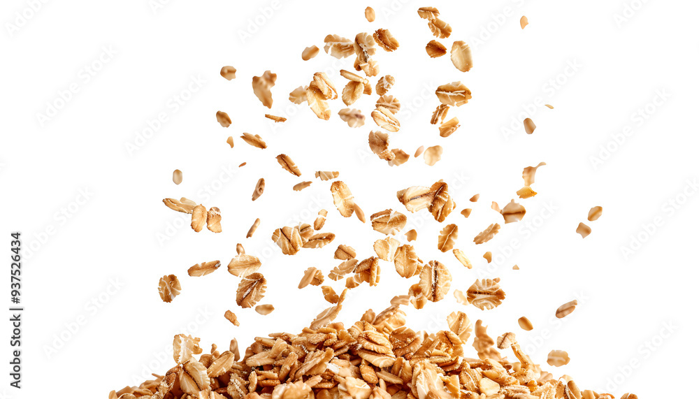 Falling oat granola, crunchy muesli isolated on white background Falling oat granola, crunchy muesli isolated on white background