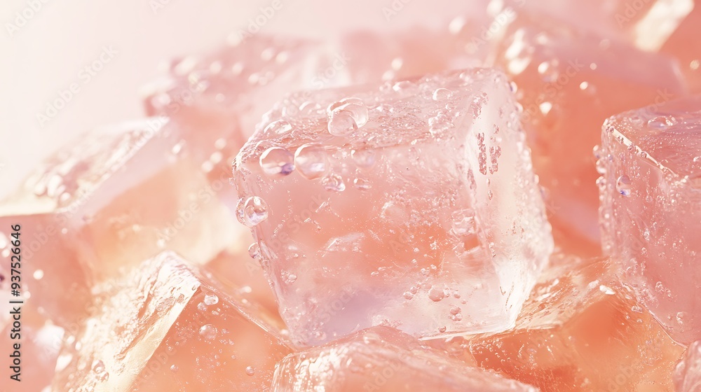Close-up of pink ice cubes with water droplets, shiny and translucent, perfect for a refreshing drink. Close-up of pink ice cubes with water droplets, shiny and translucent, perfect for a refreshing drink.