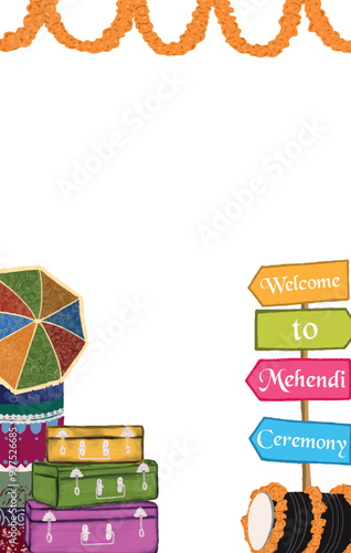 hindu wedding card design format containing welcome board, decorative umbrella, marigold flowers, garland