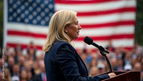 An American female senator speaks at a podium, her determined expression sharp against a blurred crowd and flag. photo