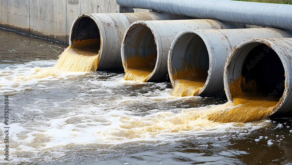 Industrial wastewater discharge pollutes river through large concrete pipes. Industrial wastewater discharge pollutes river through large concrete pipes.