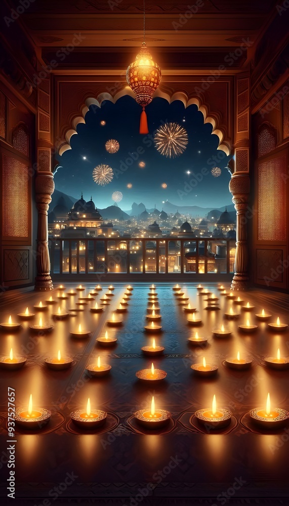 Obraz premium Dhanteras Elegance: Lamps Lining a Balcony