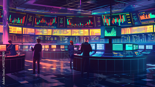 Trading Floor Background: Illustration of a stock market exchange with round workstations 