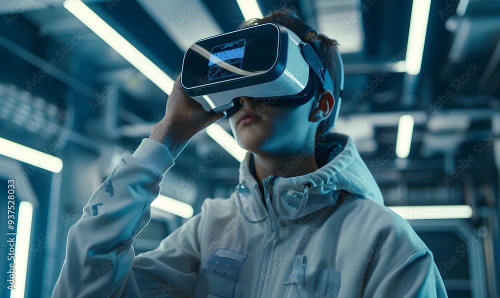 Young man using virtual reality headset. VR, future, gadgets, technology concept. Young man using virtual reality headset. VR, future, gadgets, technology concept.