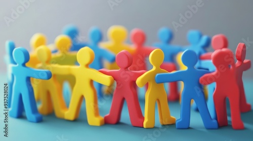 Colorful toy figures stand in a circle, symbolizing unity and community.