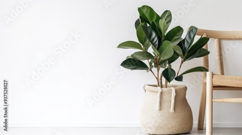 A potted Bengal ficus against a white wall. Scandinavian interior. Copy space. Earth day, world environment day, national indoor plant week.